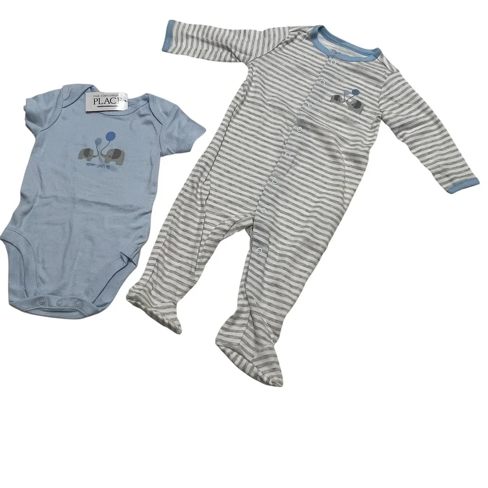 Children's Place 0-3M Baby Blue Elephant 4pc Outfit Set Hat Pants Bodysuit India